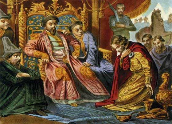 Олександр Невський на колінах перед великим ханом Батиєм. Хромолітографія кінця ХІХ століття