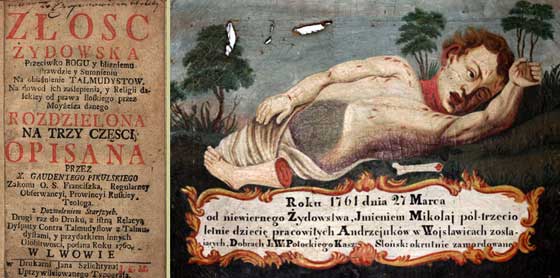 титульний лист видання “Złość żydowska przeciwko Bogu i bliźniemu” та картина з зображенням ніби-то замордованого євреями Миколая Анджеюка