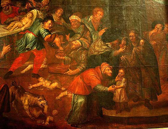 Завдяки Якову Франку байка про замордованих 'євреями «християнським немовлятам» отримала друге дихання. Картина що зображує гадане ритуальне вбивство з кафедрального костьолу в Сандомірі, XVIII ст.