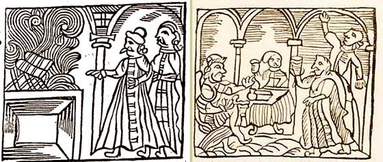 (1) Спалення Талмуду в Кам'янці та (2) банкет єпископа Дембовського (в демонічному вигляді, ліворуч) разом з франкістами. Гравюри з книги “Сейфер Шимуш”, (Амстердам, 1758 г.) 