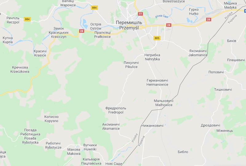 Розташування Риботич на сучасній мапі на межі польсько-українського кордону