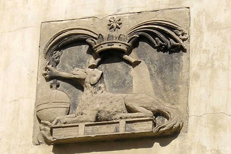 Барельєф із символом домініканського ордену. Псом Господнім, на монастирській стіні - фото 69689