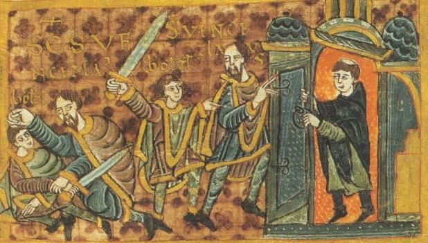 Святий Вацлав тікає від свого брата, але священик зачиняє двері храму (ілюстрація з Кодексу Гумпольда) - фото 121857